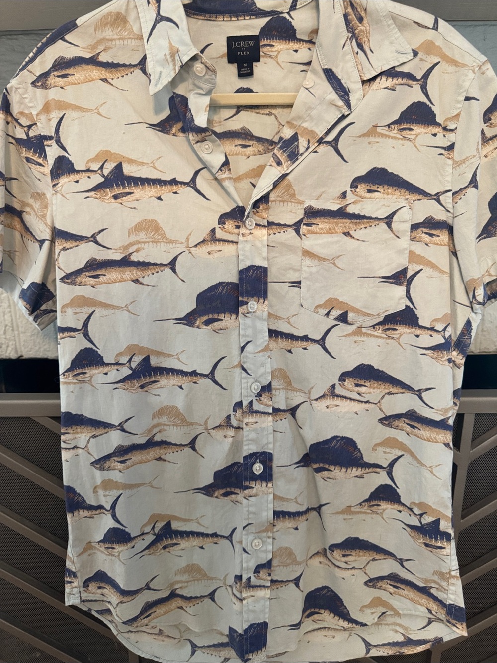 J. Crew Men's Cream Short-Sleeve Marlin Print Button-Up Shirt